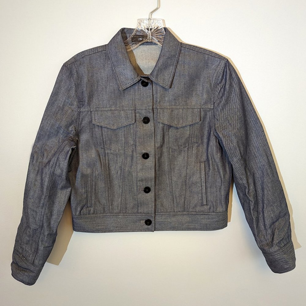 Theory Cropped Trucker Jacket in color Denim Blue, size Small, 100% Cotton